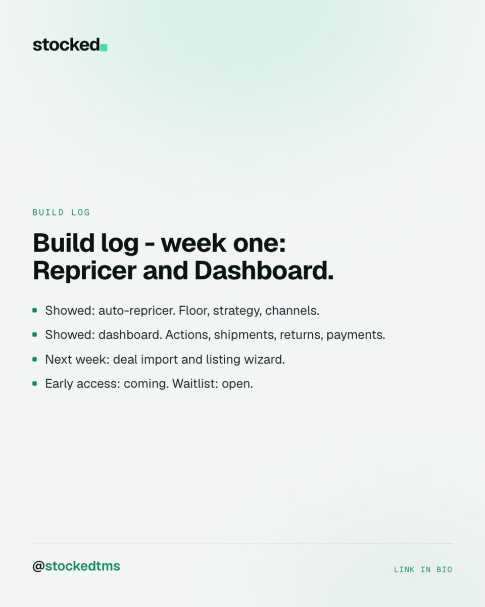 stockedtms's tweet photo. Build log, week one.

Showed the auto-repricer: floor, strategy, channels.
Showed the dashboard: actions, shipments, returns, payments.

Next week: deal import and the listing wizard.

#buildinpublic #resellercommunity https://t.co/zypSrhioaE
