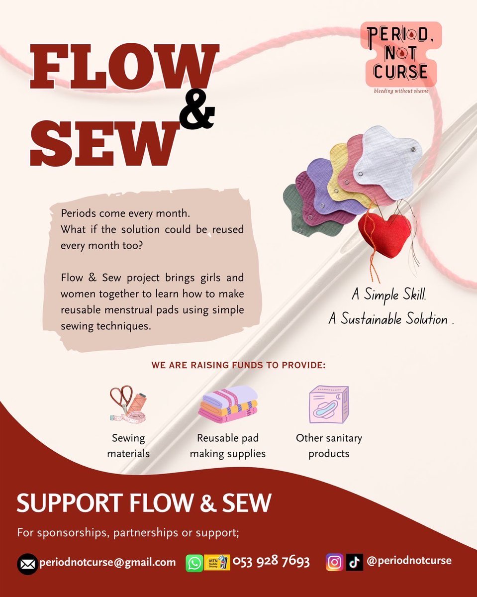 AsieduMends's tweet photo. Many girls struggle to access the menstrual products they need. 
Period, Not Curse is working on its Flow &amp; Sew project to provide a more sustainable option.
They’re seeking donations and partners to make it possible. Any support, big or small, will help. 🫶🏾 https://t.co/TJWCMAZW5y