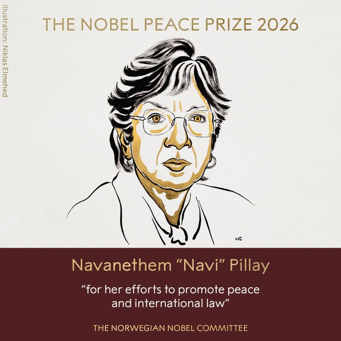 ANI's tweet photo. South African jurist Navanethem 'Navi' Pillay awarded the Nobel Peace Prize 2026 https://t.co/i6XNXMQr1J