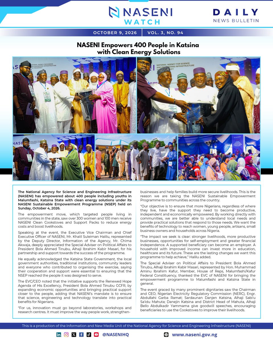 NASENIHQ's tweet photo. NASENI Empowers 400 People in Katsina with Clean Energy Solutions

#ANewNASENI #NASENIWatch #DailyReview #Science #InfinitePossibilities https://t.co/6d5ckC7Yb3