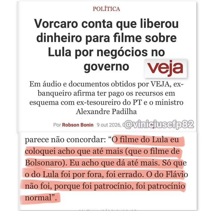 BrazilenDireita's tweet photo. Eita
O homi bomba começou abrir a boca? 

"Vorcaro pagou o filme de #Lula"

"VEJA teve acesso a relatos feitos pelo banqueiro nos quais ele revela ter negociado com o ex-tesoureiro do PT o pagamento para conseguir acessar os cofres dos fundos de pensão controlados pelo petismo" https://t.co/nVqpm21pc1