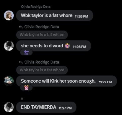 swiftism100's tweet photo. 🚨| An Olivia Rodrigo fan group chat called “girl so in love” has been exposed for making disgusting, racist remarks, and d*ath threats aimed at Taylor Swift. https://t.co/SuGQ4NmxXK