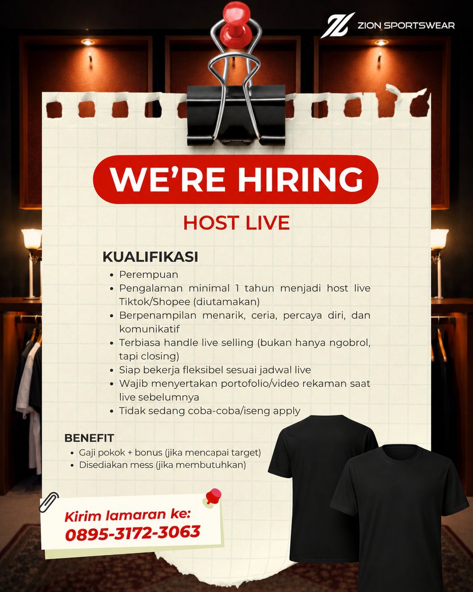 infolokerbdgcom's tweet photo. WE ARE HIRING — HOST LIVE

Kami membuka kesempatan bagi kamu yang percaya diri, komunikatif, dan memiliki passion di dunia live streaming untuk bergabung bersama tim kami.

Kualifikasi
Wanita, berpengalaman sebagai host live minimal 1 tahun, terbiasa menggunakan kamera profesional, serta berpengalaman live kaos brand menjadi nilai plus.

Benefit
Gaji pokok 3,5–4,5 juta
Disediakan mess jika dibutuhkan
Kesempatan bekerja dan berkembang bersama tim untuk jangka panjang

Lokasi: Katapang, Kab. Bandung

Kirim CV ke:
0895-3172-3063