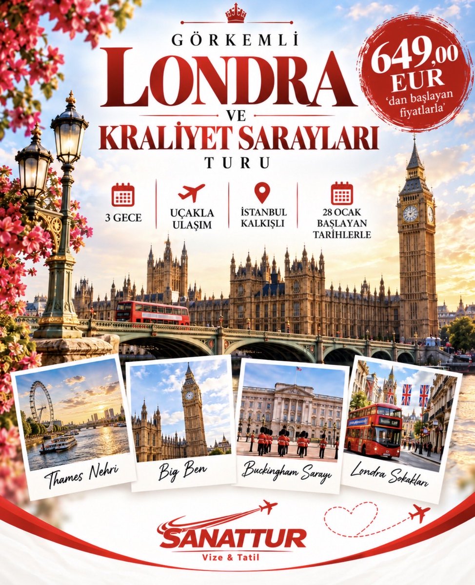 sanattur's tweet photo. ��🇧❤️ GÖRKEMLİ LONDRA VE KRALİYET SARAYLARI TURU 👑✈️

Londra’nın büyüleyici atmosferini, tarihi saraylarını ve ikonik sokaklarını keşfetmeye hazır mısınız? ✨

🏰 Buckingham Sarayı, Big Ben, Westminster ve Thames Nehri sizi bekliyor!

✈️ Türk Hava Yolları ile ulaşım
🗓️ 28 Ocak’ta başlayan tarihlerle
🌙 3 gece konaklama
📍 İstanbul kalkışlı
💶 649 €’dan başlayan fiyatlarla!

Hayalinizdeki İngiltere yolculuğu için yerinizi ayırtın! ❤️

📩 Detaylı bilgi ve rezervasyon için bizimle iletişime geçin.

Sanattur, tatilin adresi budur! ❤️

#Sanattur #LondraTuru #İngiltereTuru #LondraGezisi #AvrupaTuru