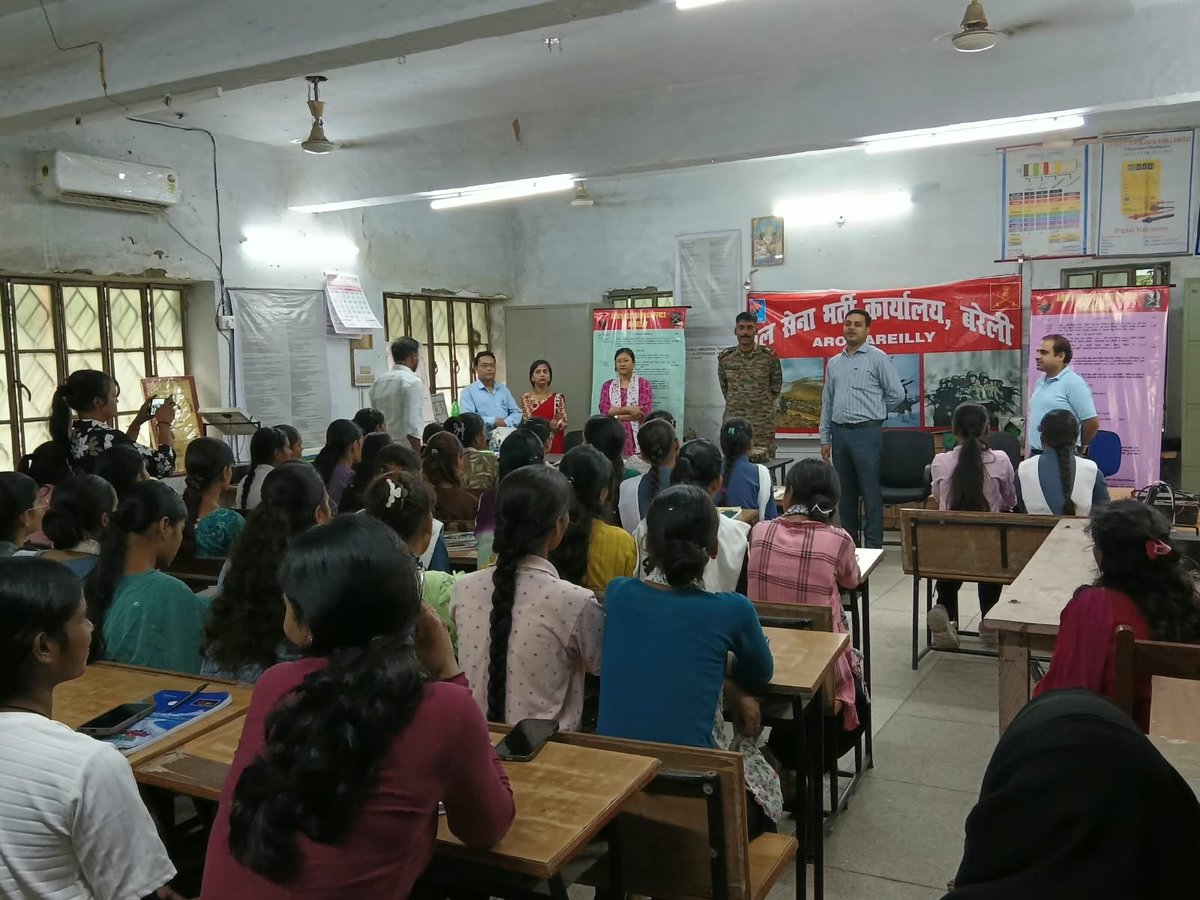 ProDefLko's tweet photo. Motivational Lecture on Armed Forces Recruitment at Bareilly on 9 Oct 2026

A motivational lecture was conducted at Govt Women ITI, Bareilly, with the participation of 75 girl students, 14 teachers and the Principal, reaching a total of 90 attendees.

The session covered the Agnipath Scheme, eligibility criteria, recruitment procedures, documentation, written examinations and medical standards. Students were also briefed on opportunities in the Indian Army, including SSC (Technical and Non-Technical), Women Military Police and Military Nursing Services.

The importance of vocational training, sports achievements and post-service career opportunities in CAPFs, State Police, Coast Guard and Defence PSUs was highlighted. Students were motivated to cultivate discipline, integrity, resilience and selfless service while aspiring to join the Armed Forces.

Information material, including posters, pamphlets and brochures, was distributed to promote awareness and encourage participation in Armed Forces recruitment.

Inspiring young women to pursue a career in uniform through awareness, determination and service to the Nation.