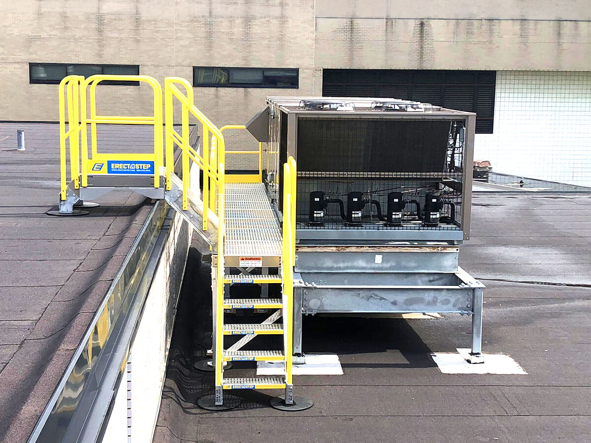 ErectaStep's tweet photo. WVU needed repeatable rooftop HVAC access across dorms and science buildings. ErectaStep installed six modular stair and platform configurations in four days. Bring your difficult access point to the team. #HVACAccess #ErectaStep https://t.co/uzoaXRKN4t