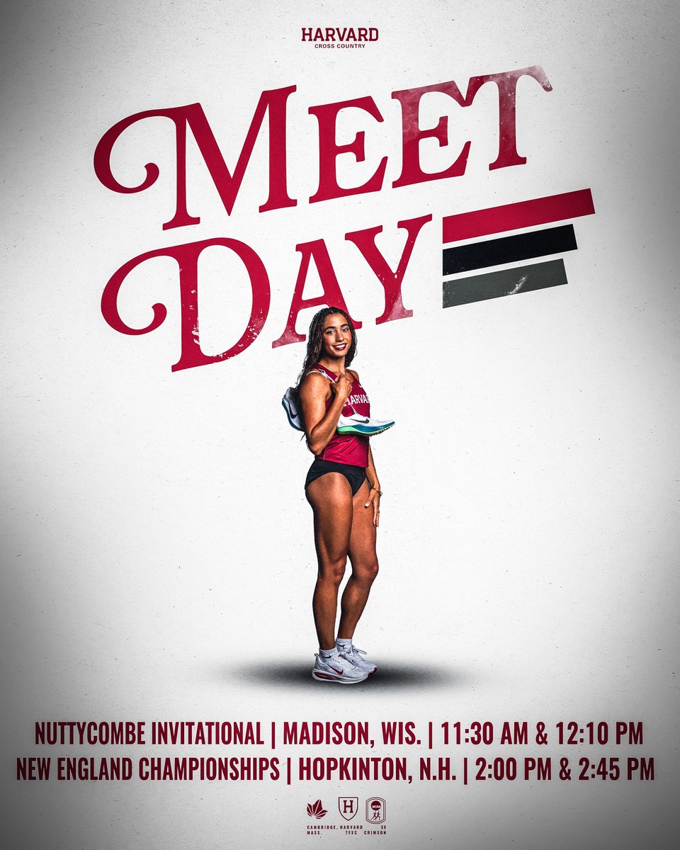 HarvardTFXC's tweet photo. Back in Action 👏 

🎽 Nuttycombe Invitational
📍 Madison, Wis.
🏟️ Zimmer Championship Course
📊 https://t.co/HkPJKFK8DC
📺 https://t.co/tZUzWVwJse

🎽 New England Championships
📍 Hopkinton, N.H.
🏟️ Hopkinton Fairgrounds
📊 https://t.co/TuUfSwp71c

#GoCrimson https://t.co/EqWrY4LFWm