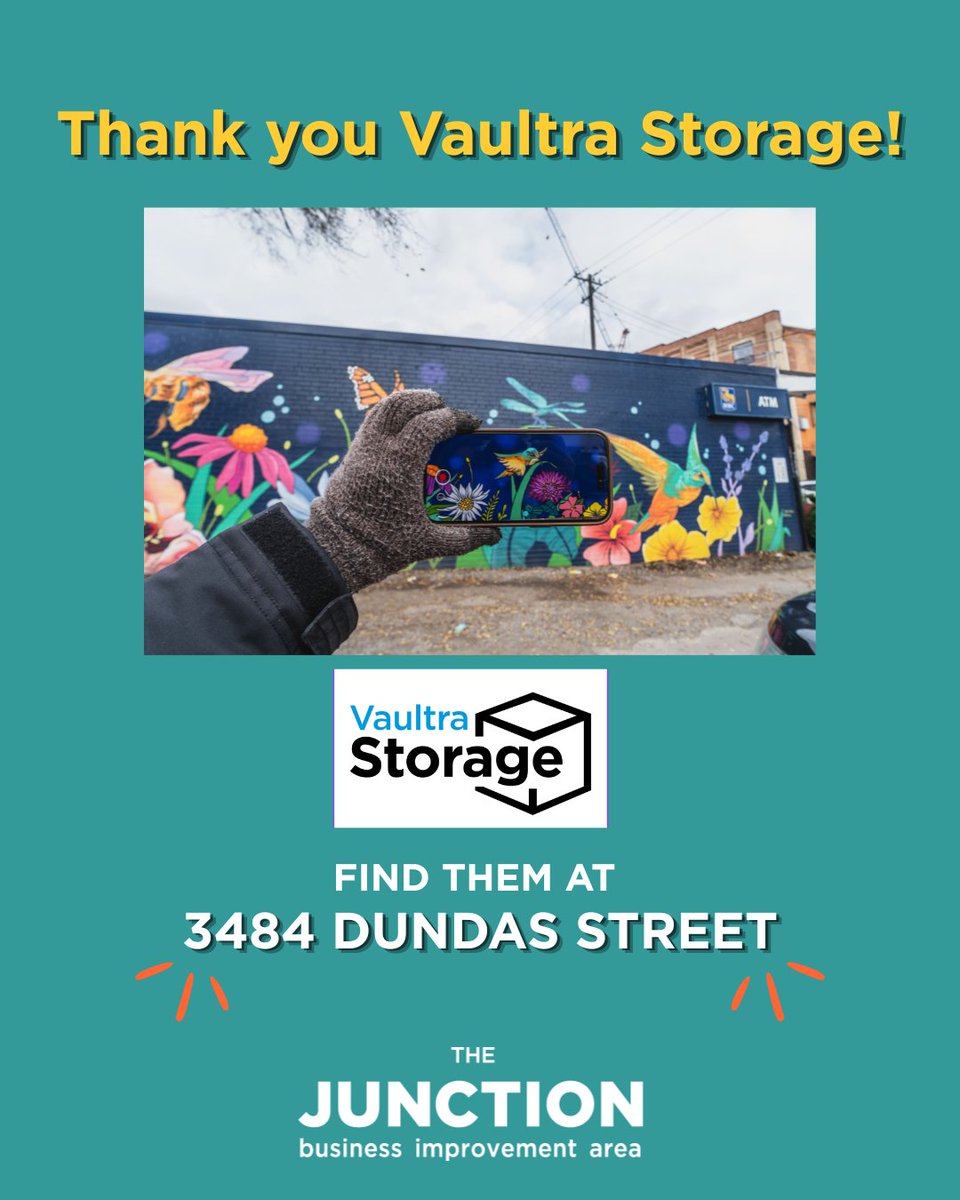 TorontoJunction's tweet photo. A warm Junction welcome to Vaultra Storage, the new sponsor of Flora &amp; Fauna! Proudly 100% Canadian-owned and operated, Vaultra offers secure self-storage along with moving services.

📍 3484 Dundas St W
📞 (437) 529-0381

#JunctionTO #BringArtToLife #ARMural #VaultraStorage https://t.co/MNmomFOO30