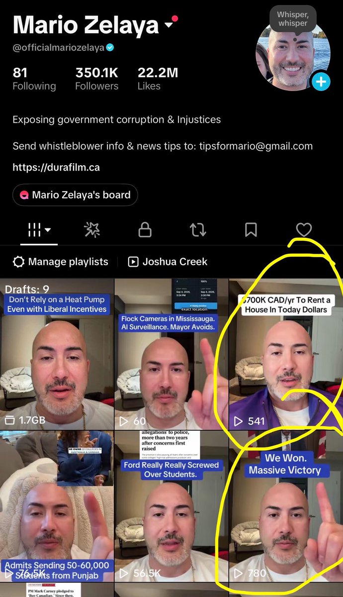 mario4thenorth's tweet photo. I have 350,000 followers on TikTok 

But if I criticize Carney, I get 541 views &amp; 780 views. 

But when I criticize Ford, I get 56,000 views. 

Sure. It��s the “algorithm”. 

The Chinese algorithm. https://t.co/WC3ujhHinp