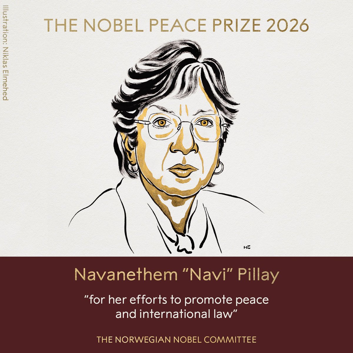 UPSCPCS360's tweet photo. 🚨 BREAKING NEWS

The 2026 #NobelPeacePrize has been awarded to Navanethem “Navi” Pillay, a South African jurist of Indian origin, for her efforts to promote peace and international law. https://t.co/66EzxU6ofX