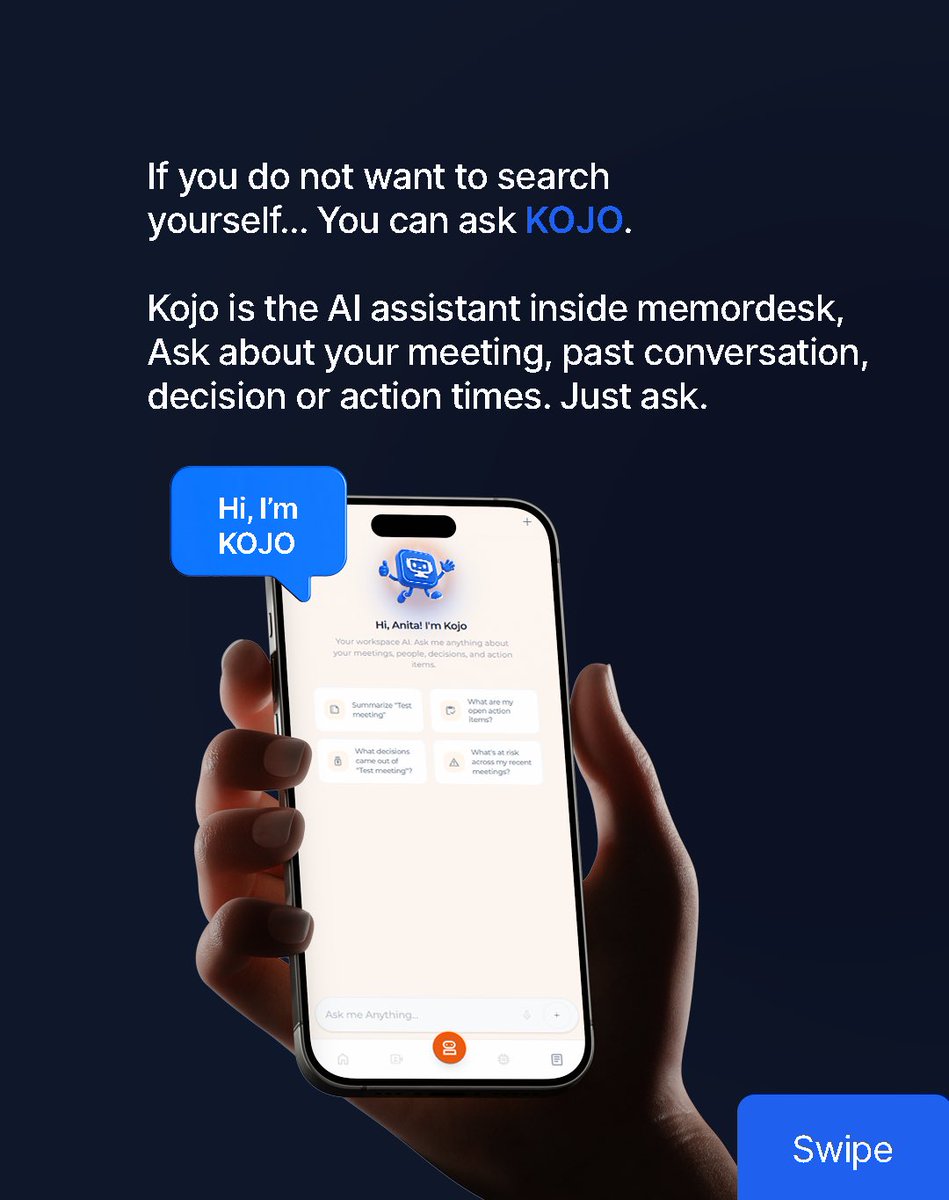 memordesk's tweet photo. Need something from an old meeting?
Search for it. Or ask Kojo.
MemorDesk helps you find what happened in your meetings whenever you need it.
Try it free: https://t.co/K5eHbEiUAF
#MemorDesk #MeetingAI #AIProductivity https://t.co/ucIAkdfVbB