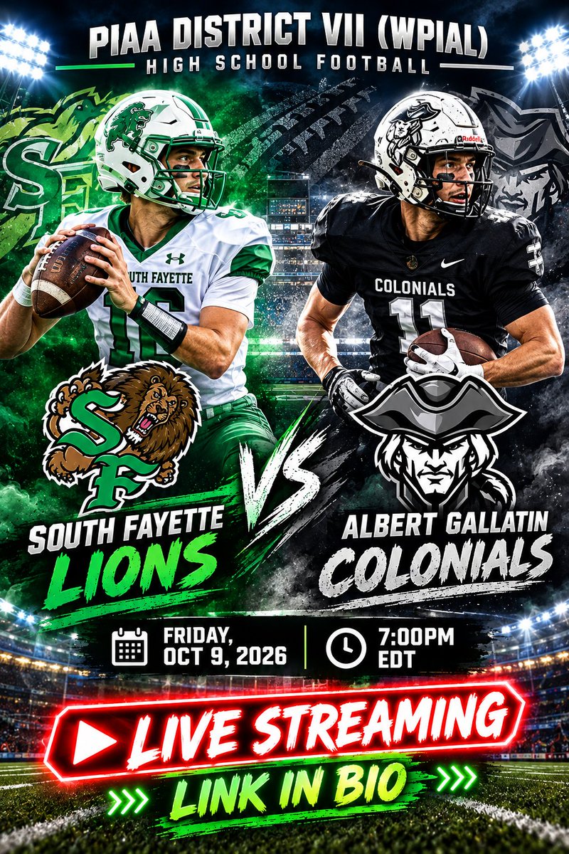 TribHSSNlive's tweet photo. 🏈IT’S GAMEDAY!
🆚: South Fayette vs Albert Gallatin
🔴📺Live Streams: https://t.co/EcOha9UTjw
📅: Friday, Oct 9, 2026
🕖: 7:00pm
@sflionssports @SFLionsFB @SouthFayetteSD @CoachDindl @TheBallCoachAD 
@alex_deanes @CoachSekanick @CoachShanMo @DrMillerSF @bswayy2011 https://t.co/htjNkUCJwz