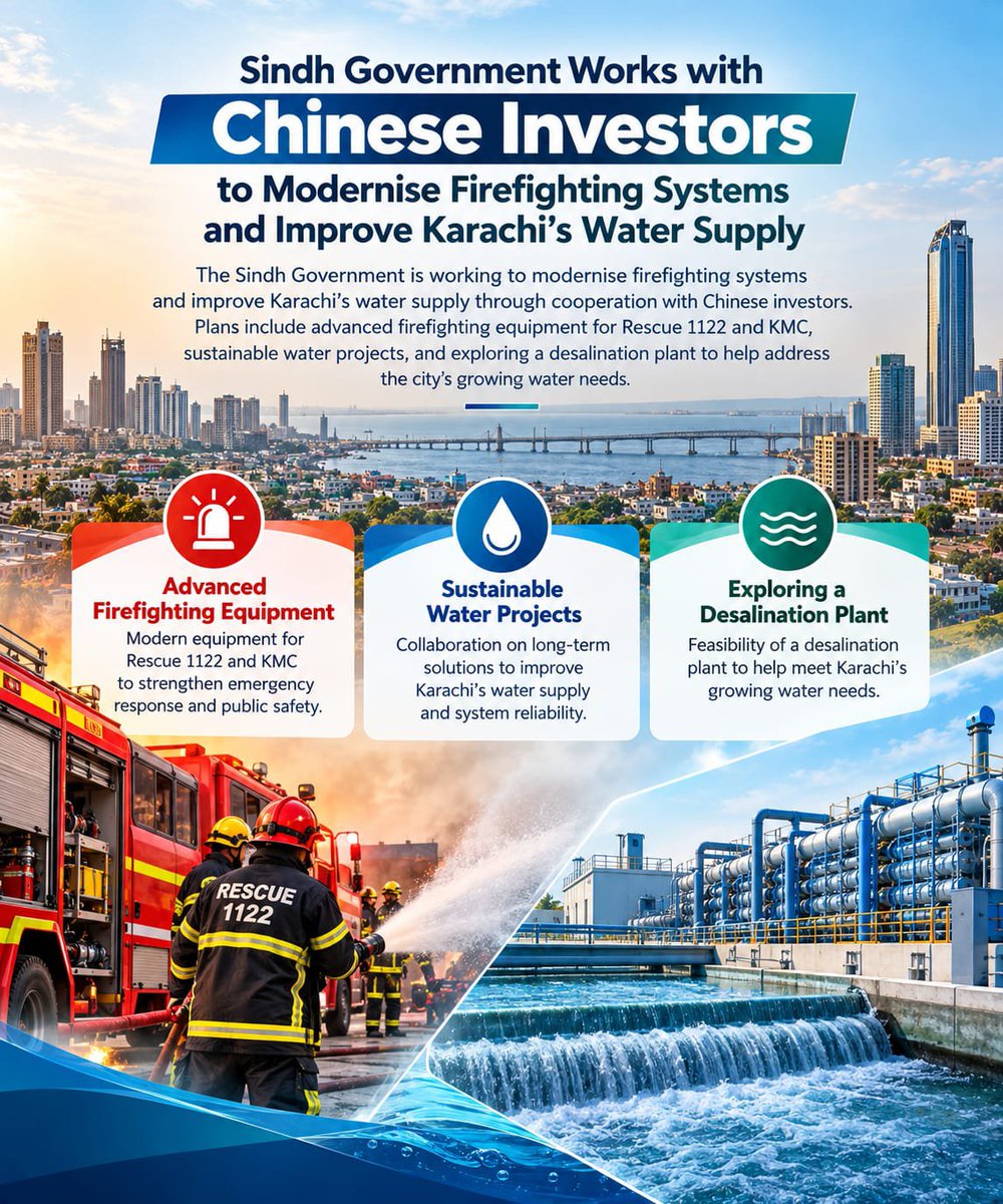 FahimSattarDal's tweet photo. Sindh Government is working to modernise firefighting systems and improve Karachi’s water supply through cooperation with Chinese investors. Plans include advanced firefighting equipment for Rescue 1122 and KMC, sustainable water projects, https://t.co/wuAyybqqZW