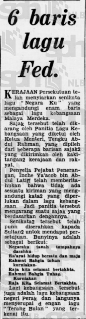 puspawangsa's tweet photo. In 1957, Negaraku’s lyrics were composed by the National Anthem Committee, led by Tunku Abdul Rahman, from verses submitted by civil servants and the public.

Its melody, Terang Bulan, had been Perak’s state anthem since 1902. https://t.co/tIjnFmBdei