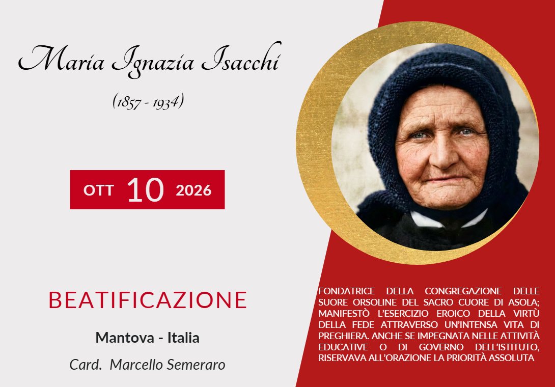 CauseSanti's tweet photo. A Mantova, alle 10:00, solenne beatificazione di Maria Ignazia Isacchi, Fondatrice della Congregazione delle Suore Orsoline del Sacro Cuore di Gesù di Asola
"Dio sceglie; perché è Lui che ci vede; Dio è l'unico conforto; Dio soccorre e sa dare il centuplo"
https://t.co/gCbWVl066b https://t.co/Y3I0u1TxUE