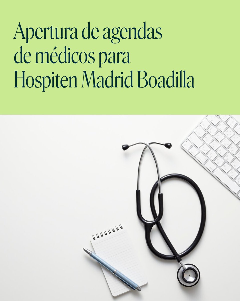 hospiten's tweet photo. ¡Ya están abiertas las agendas médicas de Hospiten Madrid Boadilla!​

Ponemos a tu disposición la posibilidad de solicitar cita con nuestros especialistas para los próximos meses.​

Puedes gestionar tu cita llamando al 919 19 56 00 o a través de la app de Hospiten.​

#Hospiten #HospitenMadridBoadilla
