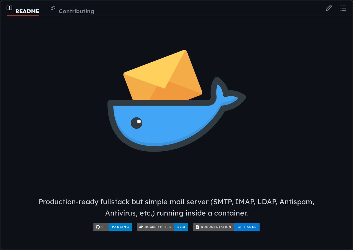 GithubProjects's tweet photo. Run a complete email server in one container, configured entirely with files.

- Handles sending, receiving, filtering, and spam.
- No database; settings stay versioned and simple.
- Deploy and upgrade easily. https://t.co/bZIPxFyEJc