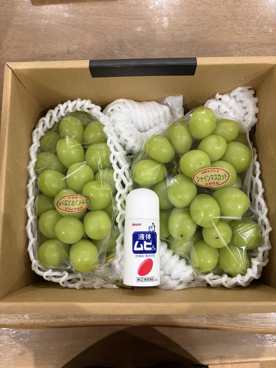 etr92331064's tweet photo. オカンがみかん収穫のバイトに行ってたらしくみかん送ってくれた！
同じタイミングでオカンが春に退職したときにもらったカタログギフトで頼んだシャインマスカットも届いた🤣
オカンに電話しながらめっちゃデカイマスカット届いたわーって言いながらサイズわかるように液体ムヒで比較写真送ったったw https://t.co/jcHXiylQpa