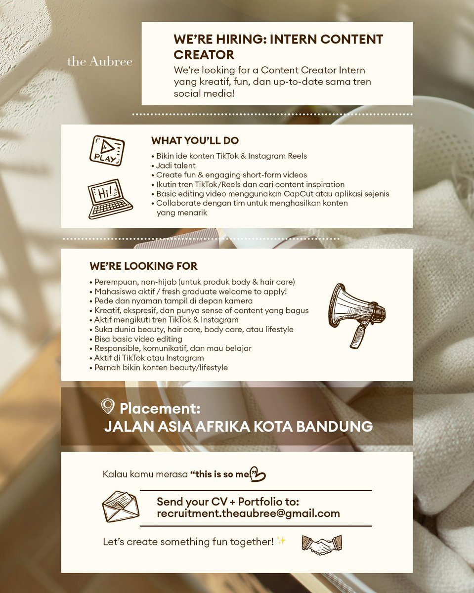 infolokerbdgcom's tweet photo. GESER GAMBARNYA 👈🏻
THE AUBREE
WE ARE HIRING
- Intern Content Creator
- Brand Representative
- Visual Designer
- Full Time Office Boy

Kirim CV ke :
recruitment.theaubree@gmail.com
Dengan subject :
POSISI - NAMA KAMU https://t.co/wnhAlJnhir