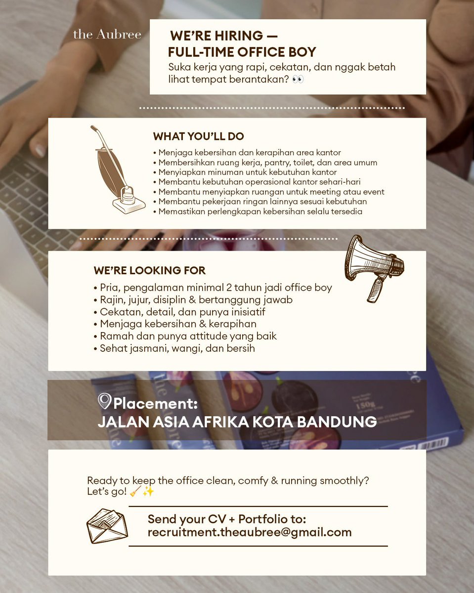 infolokerbdgcom's tweet photo. GESER GAMBARNYA 👈🏻
THE AUBREE
WE ARE HIRING
- Intern Content Creator
- Brand Representative
- Visual Designer
- Full Time Office Boy

Kirim CV ke :
recruitment.theaubree@gmail.com
Dengan subject :
POSISI - NAMA KAMU https://t.co/wnhAlJnhir