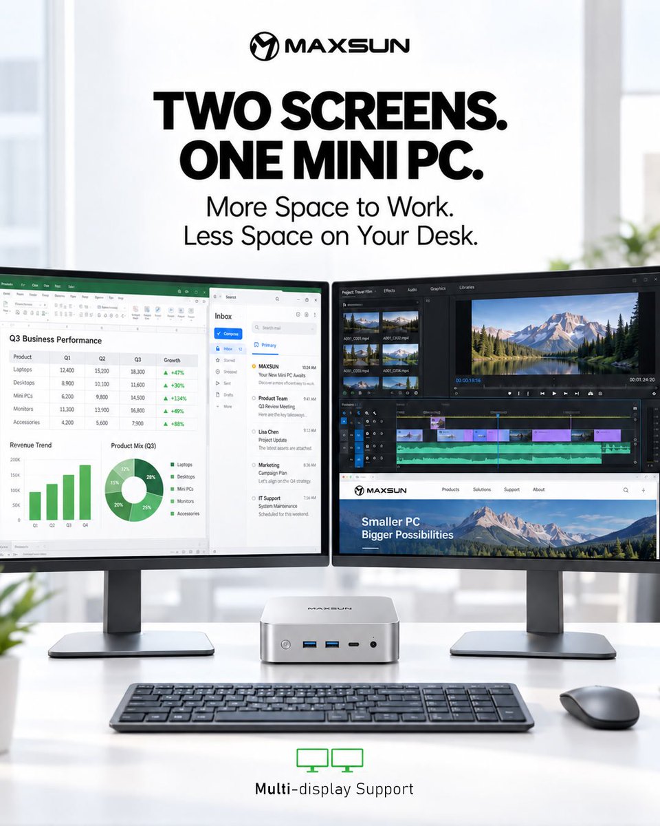 MaxsunOfficial's tweet photo. Two screens. One Mini PC.
Multi-Display support means more room to work — without giving up more room on your desk.
What’s living on your second monitor? 👀
https://t.co/yszHcTGYvl
#MAXSUN #MiniPC https://t.co/aEKmHyKykc