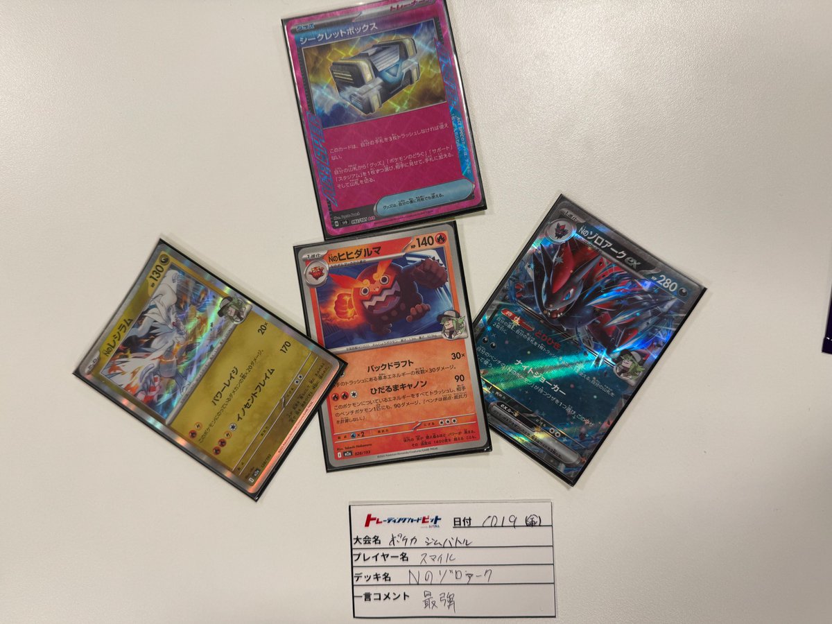 tcgpit_sendai's tweet photo. 本日開催　ポケカジムバトル

５名様のご参加で優勝は『Nのゾロアーク』を使用された『スマイル』様です！

一言コメント『最強』

おめでとうございます！

#トレカピット仙台
＃ポケモンカードゲーム https://t.co/Fe6ppX9Yk2