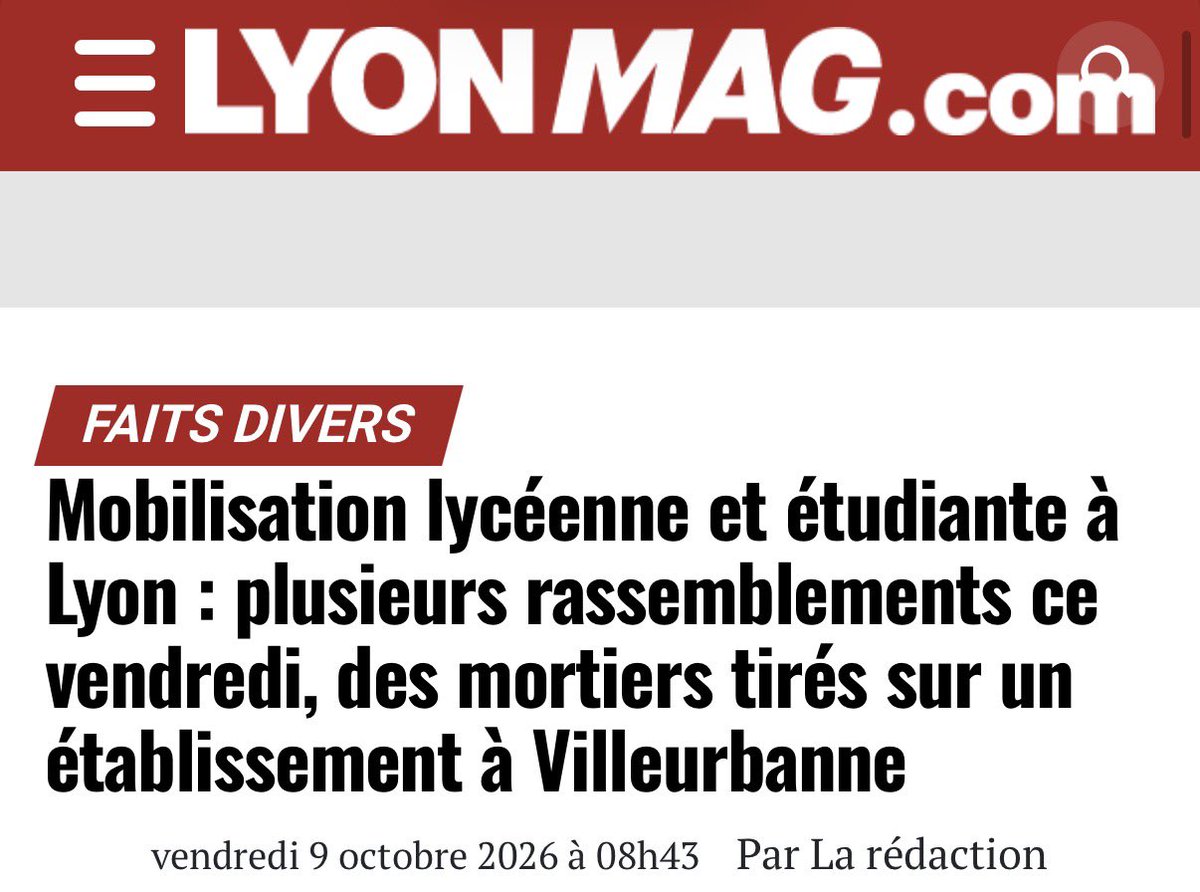 Tiffany_Joncour's tweet photo. La mobilisation lycéenne se poursuit et les violences aussi !

Ce matin, des tirs de mortiers ont visé un lycée à Villeurbanne…

Le retour de l’ordre et de la sécurité ne pourra passer que par la victoire du @RNational_off et de sa candidate @MLP_officiel. En 2027, mobilisons-nous ! 💪🏻