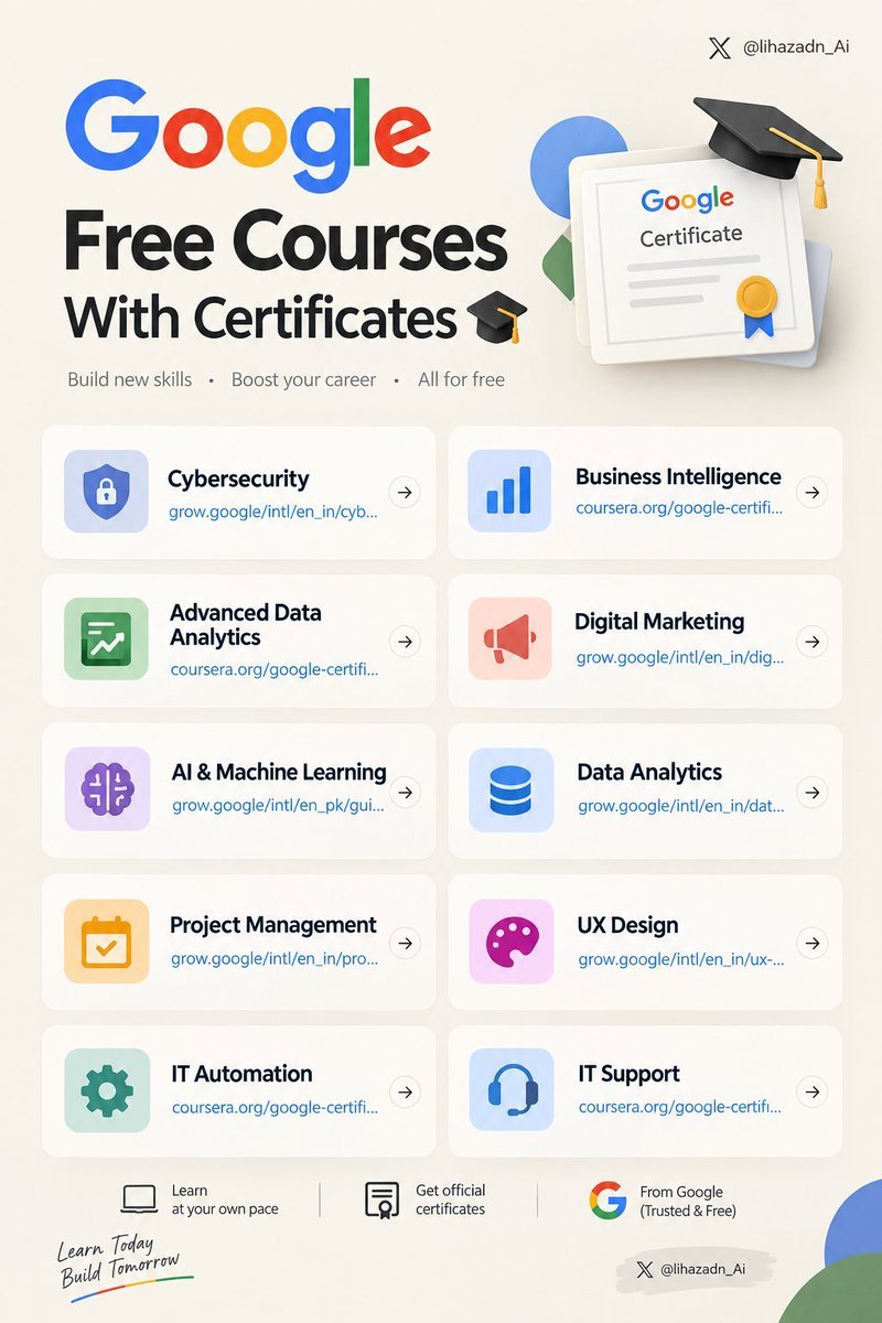 taylorquinn_ai's tweet photo. Google has free courses that can actually help you build career-ready skills.

[ 𝐍𝐨𝐭𝐞: 𝐅𝐨𝐥𝐥𝐨𝐰 𝐌𝐞: @taylorquinn_ai (𝐅𝐨𝐫 𝐢𝐧𝐬𝐭𝐚𝐧𝐭𝐥𝐲 𝐚𝐮𝐭𝐨 𝐃𝐌)]

You can learn skills like:
• Cybersecurity
• Data Analytics
• AI & Machine Learning
• Digital Marketing
• Project Management
• UX Design
• IT Support
• Business Intelligence

And some programs offer professional certificates you can add to your resume.
No expensive degree.

No complicated setup.

Just pick a skill
→ learn at your own pace
→ build your career.
 
Comment :"Google " & Follow me I'll DM it.