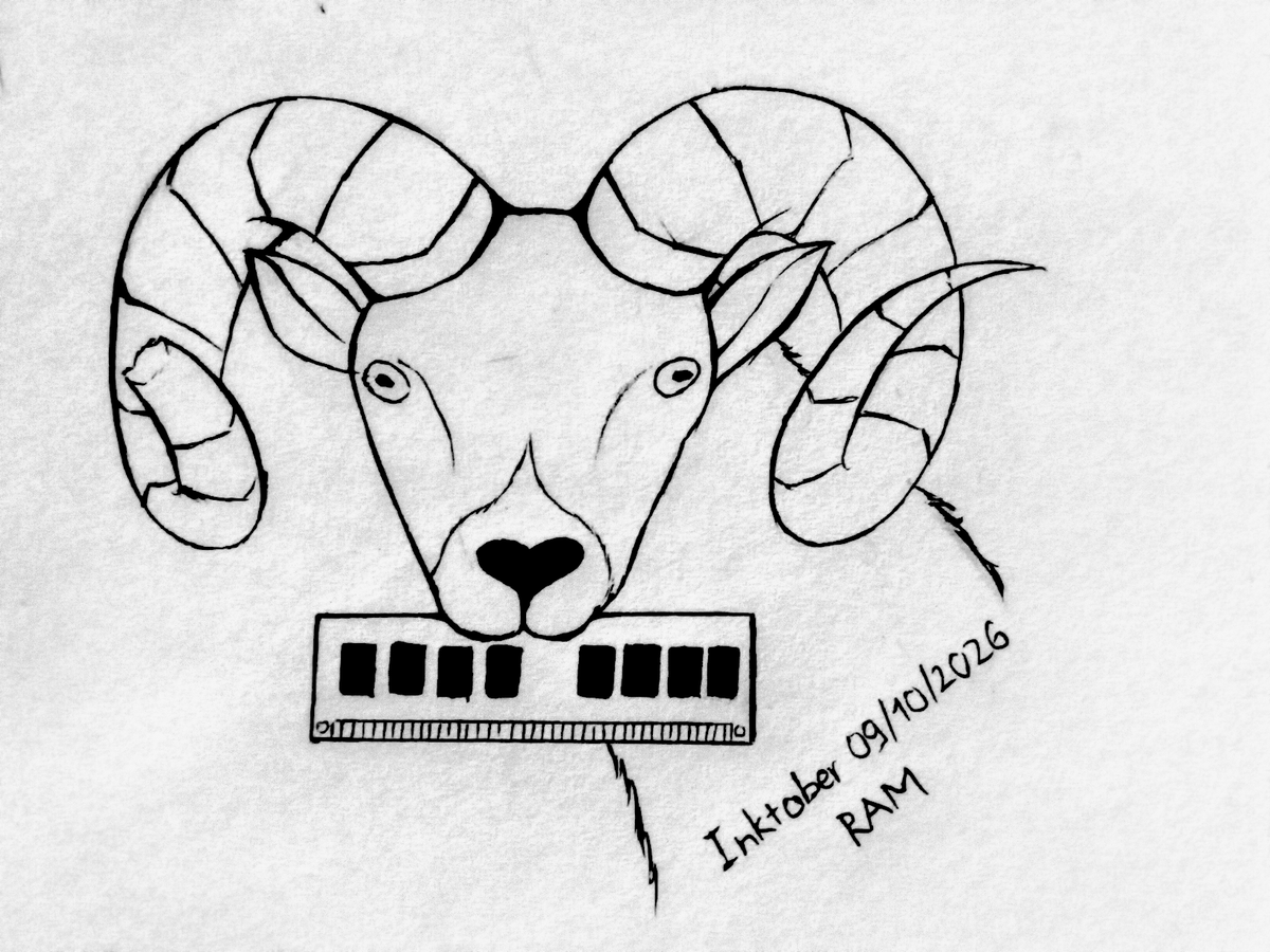 _immortalPizza's tweet photo. Inktober day 9 - RAM

A ram with a stick of RAM, low hanging fruit of a word play I know

#inktober2026 #inktober https://t.co/2D9FHZJtO8