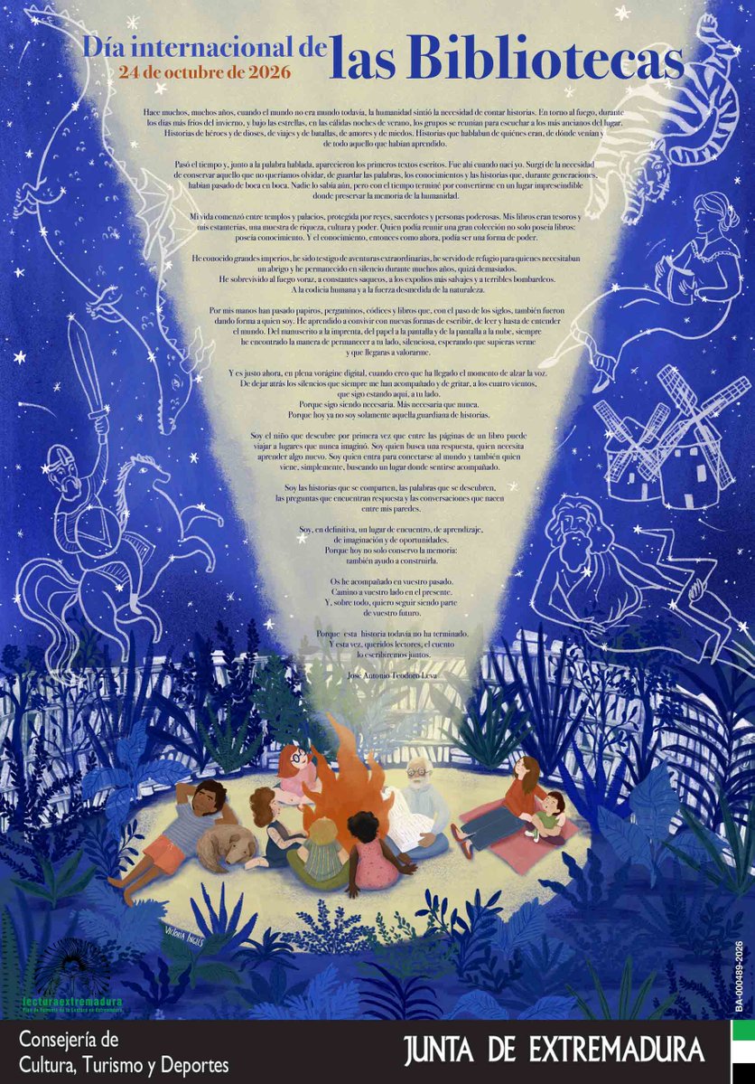 BiblioMontijo's tweet photo. Os dejamos con el cartel del #DíaDeLaBiblioteca que ha publicado este año la consejería de @cultura_EXT con importante presencia de @BiblioMontijo. Y es que destaca el elogio a las bibliotecas que este 2026 ha sido obra de @JoseLitro8 

#DéjameQueTeCuenteUnCuento https://t.co/VNdJwHvcLs
