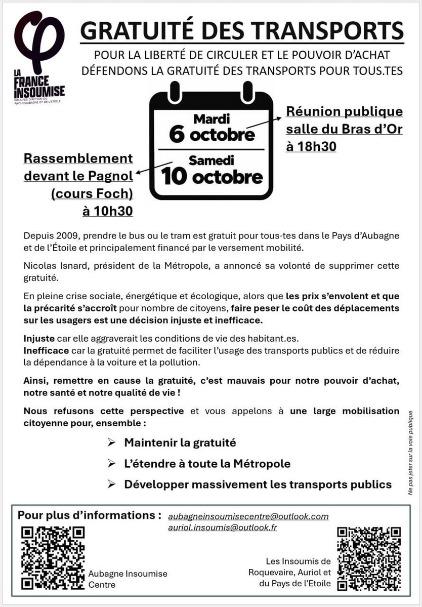 mbompard's tweet photo. La conférence des maires de la métropole Aix-Marseille d'hier a confirmé sa volonté de supprimer la gratuité des transports en commun sur le pays d'Aubagne et de l'Etoile. 

Cette décision est absurde, alors que nous avons besoin de plus de transports en commun et de réduire la part des transports motorisés individuels, tant écologiquement qu'économiquement. 

Pour défendre la gratuité, j'invite celles et ceux qui le peuvent à se rendre demain matin à 10h30 à Aubagne, devant le cinéma le Pagnol.