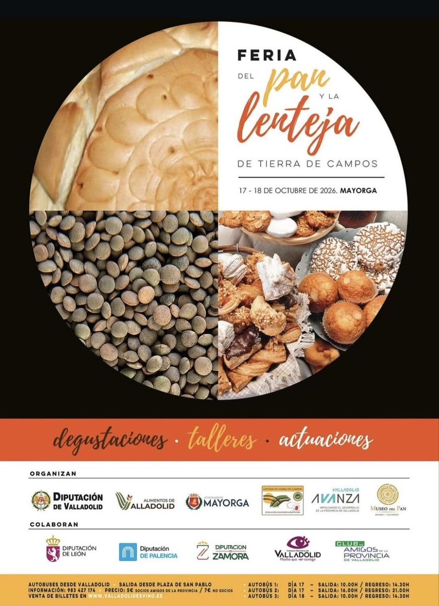 turismomayorga's tweet photo. 🥖¡Vuelve a Mayorga la Feria del Pan y la Lenteja de Tierra de Campos!🌾
📅Te esperamos el 17 y 18 de octubre con degustaciones, talleres, puestos de venta, concursos, actuaciones, música...
🎟️Reserva catas, talleres y transporte en https://t.co/jf2wMvIQsv
🙌¡No te lo pierdas! https://t.co/Z8vq3ST3oM