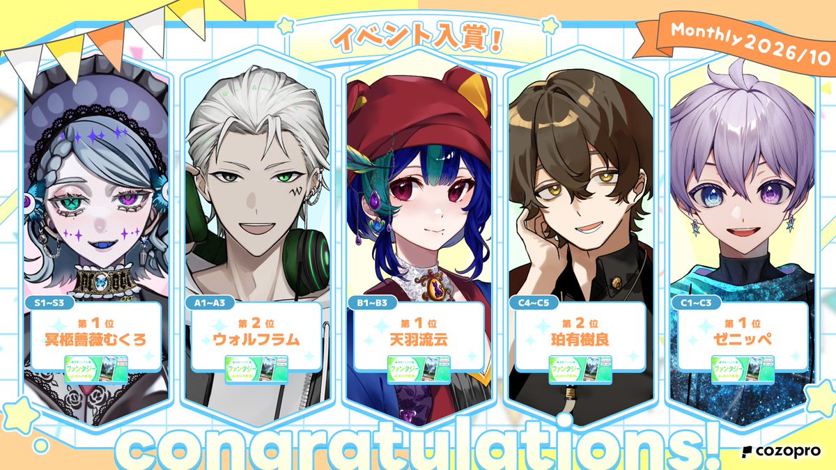 cozopro's tweet photo. ＼祝！イベント入賞🎉／

IRIAMイベントで入賞した
cozoproライバーをご紹介します🎖️

おめでとうございます！

#cozopro #IRIAM https://t.co/e8ckOCiGpg