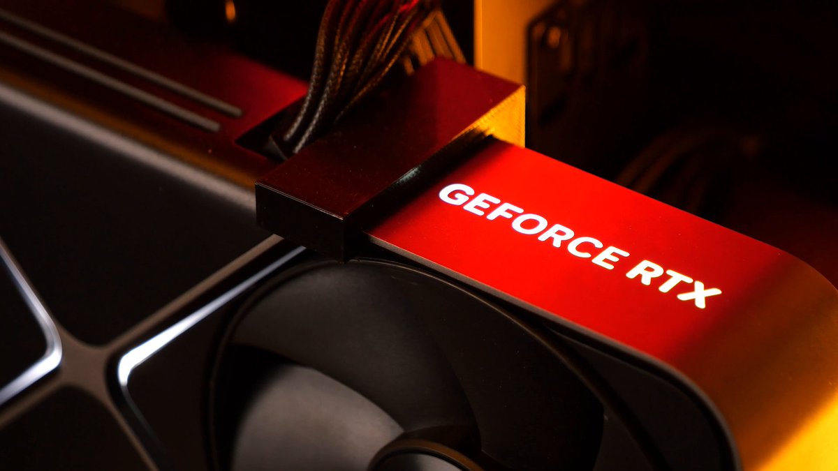 A close-up image highlights the red illuminated 'GEFORCE RTX' branding on a graphics card, with a black cooling fan visible below.