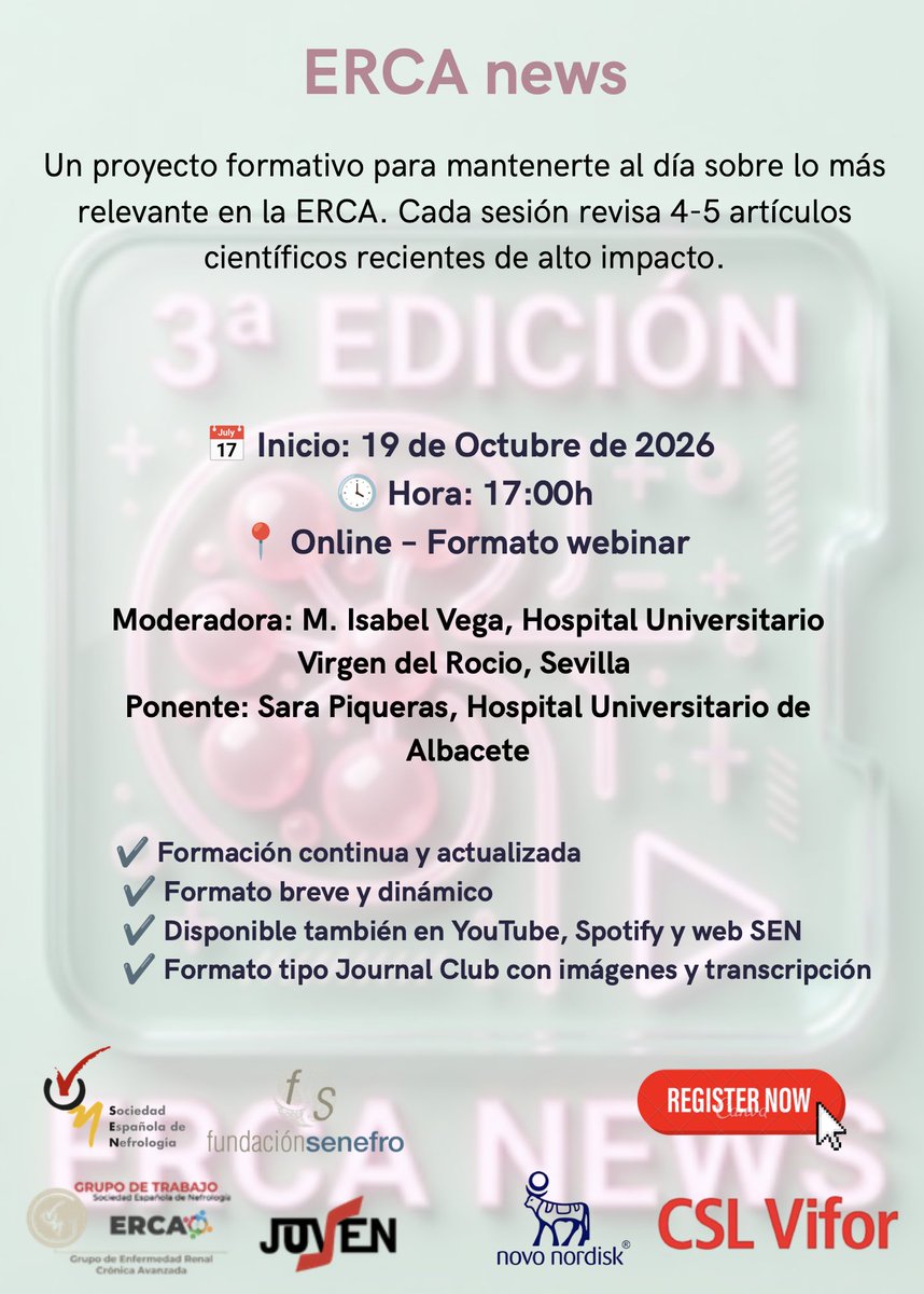 SENefrologia's tweet photo. 🚀🆕 ¡Se vienen novedades!
📍El próximo lunes 19 de octubre, 17h CEST...
¡Comienza la 3ª temporada del proyecto #ERCAnews con el análisis de 4-5 artículos sobre #ERCA
🙋♀️🙋♀️Con M. Isabel Vega y @SaraPikasso
🚩Regístrate en https://t.co/B5FGYJIlIZ
Gracias a @CSL_spain y @NovoNordiskES
Un proyecto de los GdT #ERCA y @senjoven
@DrMontomoli @tino092