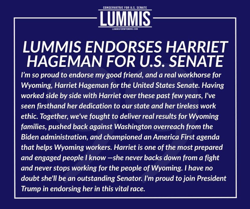 Sen_CMLummis's tweet photo. Honored to endorse my friend and a true workhorse for Wyoming, @HagemanforWY, for the United States Senate. 

She will proudly and strongly represent Wyoming. https://t.co/UNClc4RMaw