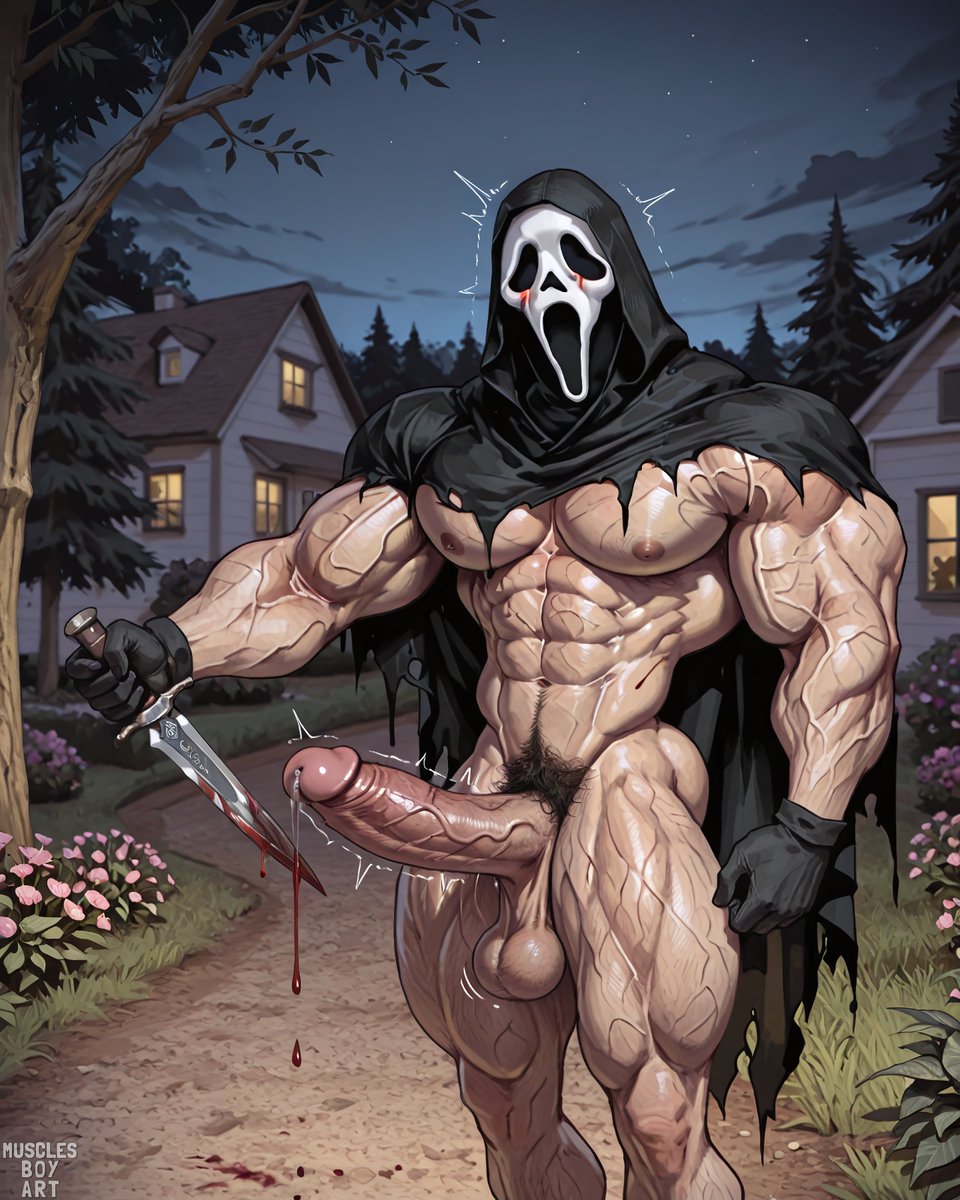 musclesboyart's tweet photo. #Ghost Face, the voice that calls you by name,
keeps the woods and the hallway in thrall.
A title worn thin by the rumor of blame,
and a mask that remembers them all.
He steps from the dark in a width that the night
cannot narrow, nor shadow disguise:
shoulders cut black against moonlight, the white
of the scream held aloft in his eyes.
#Bara #MuscleArt #AIArt #Furry #BL
Full set on P.
Who should I do next? Drop the character name below 👇