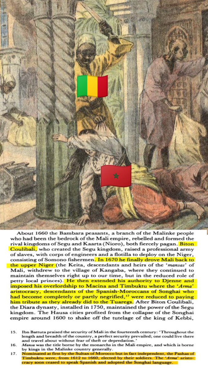 Warmonger60's tweet photo. @OfElric36896 @Sahelian221 @MidRays89025 @DzayerOffensive Morocco’s invasion was largely carried by spaniards &amp; arabs with your berber slavestock backbenching it. It lasted 20 mere years &amp; Arma women were raped. In 1660 Mulay Ismail formed a private army of bambaras n songhais who freely ruled and raped Moroccans for 30 years. https://t.co/q5pwnMbLJM