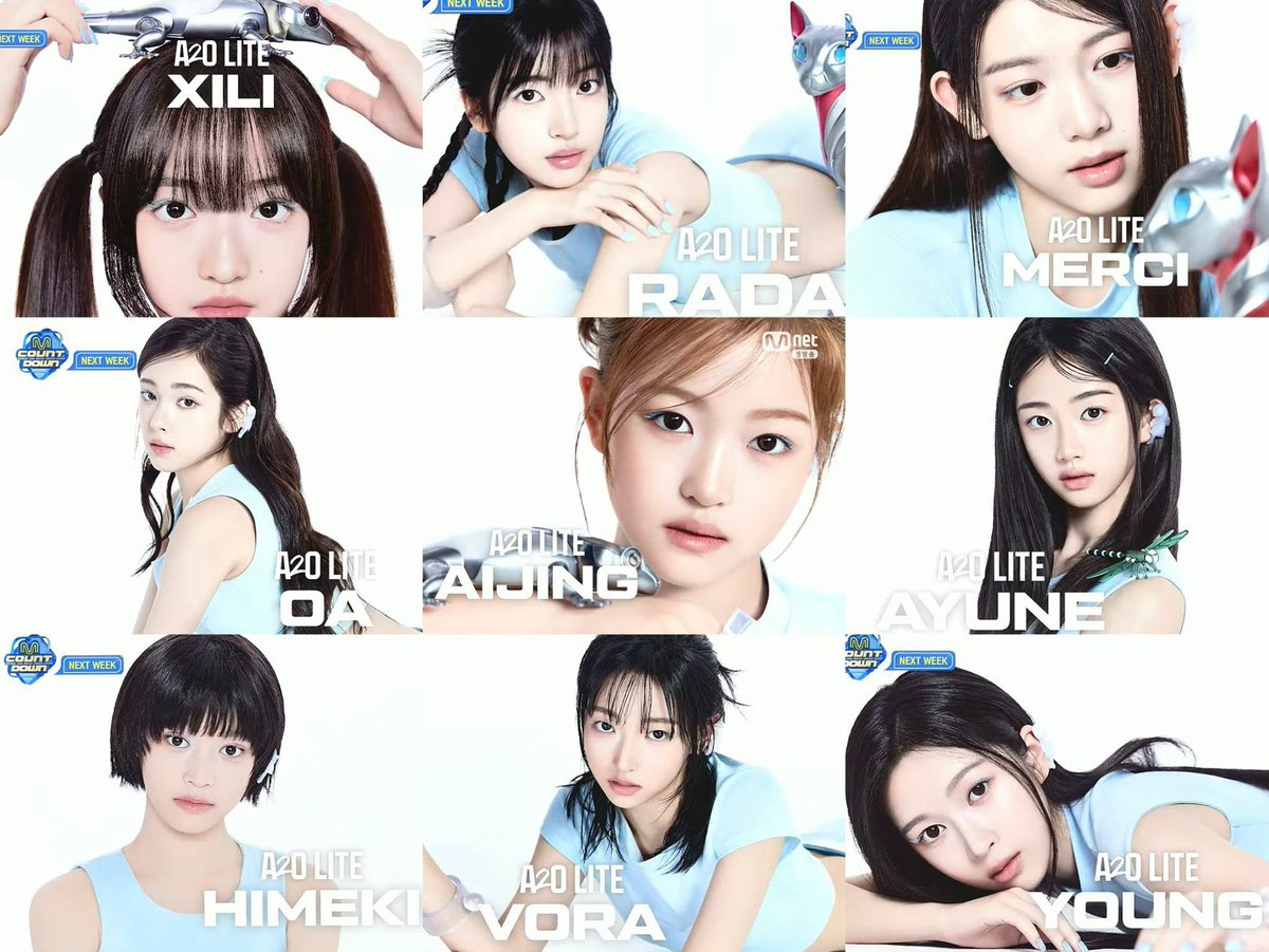 oaangel_'s tweet photo. the stunning collage showcases the nine talented members, all glowing in soft blue outfits against a clean white backdrop with futuristic robotic accents as they prepare for their highly anticipated debut on m countdown next week with their digital single neon dropping soon. https://t.co/UnE0lVh82Z