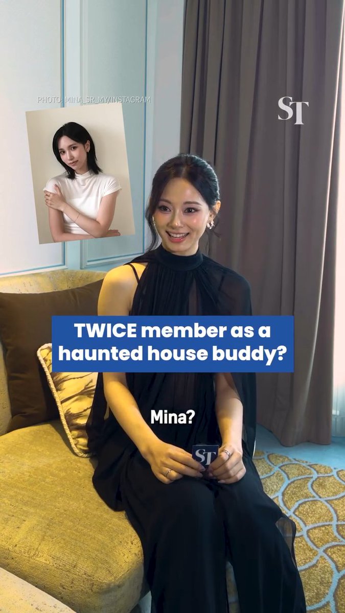 TWICE members Mina and Tzuyu are shown in an interview setting, with on-screen text asking "TWICE member as a haunted house buddy? Mina?" alongside a photo from Mina's Instagram, referencing Tzuyu's playful choice of Mina as her ideal haunted house companion.