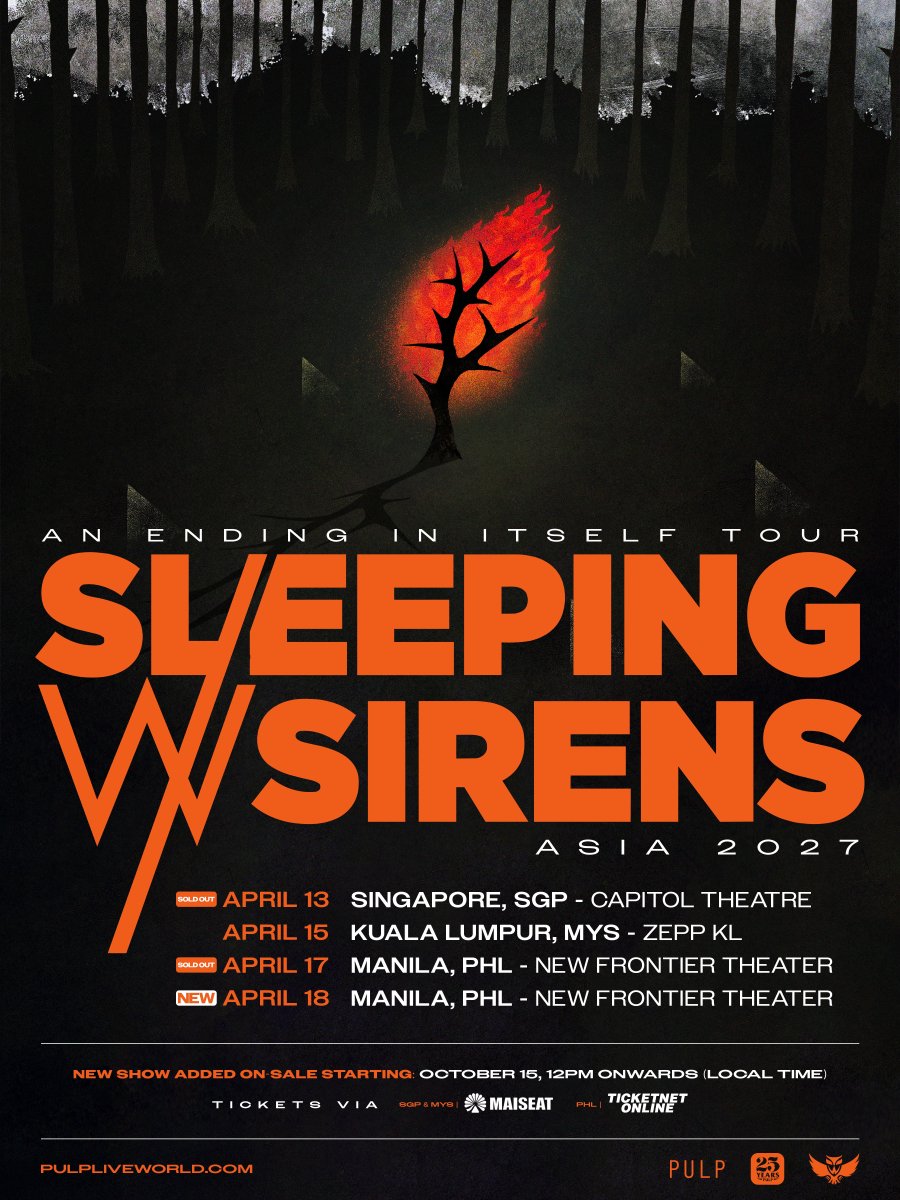 pulpliveworld's tweet photo. YOU ASKED, AND SLEEPING WITH SIRENS (@SWStheband) IS GIVING YOU MORE! 🔥
Due to overwhelming demand, SLEEPING WITH SIRENS ‘AN ENDING IN ITSELF TOUR ASIA 2027’ is adding a second show day in Manila!

🇵🇭 SLEEPING WITH SIRENS ‘AN ENDING IN ITSELF TOUR ASIA 2027’ IN MANILA
📍 New Frontier Theater (@NewFrontierPh)
📅 ADDITIONAL SHOW: April 18, 2027
📅 April 17, 2027: SOLD OUT

🎟 Get your tickets starting October 15, 2026, at 12PM PHT via @TicketNetPH outlets and online at https://t.co/jn6ny7yHaC.

*Each person may purchase a maximum of four (4) tickets per transaction.

#SleepingWithSirensinMNL2027 @Kellinquinn @nodirectioncasa @mattfromdulla @twatonyp @JustinNFJK
