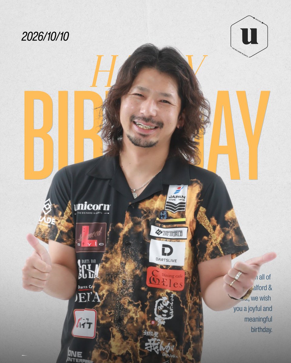 UnicornDartsJP's tweet photo. 🎂 HAPPY BIRTHDAY 🎂

本日10月10日は、
unicorn 岡野翔選手（@sho_1010）のお誕生日です！🎉🦄
お誕生日おめでとうございます👏✨

これからのさらなるご活躍を、unicorn一同応援しています🔥

皆さまもぜひ、岡野翔選手へお祝いのメッセージをお願いします！

#unicorn
#ユニコーン
#岡��翔
#HappyBirthday
#ダーツ