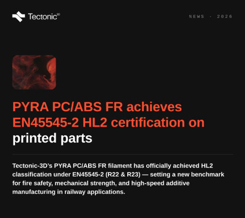 3DGBIRE's tweet photo. Materials matter when you're printing for #DemandingEnvironments.
Tectonic3D's PYRA PC/ABS FR has achieved EN45545-2 HL2 on printed parts, demonstrating what's possible when material development meets industry requirements.

👉 Discover Tectonic3D: https://t.co/OdXVONrqu5 https://t.co/mHvVb79mtH