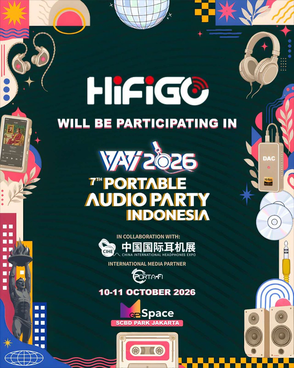 HifigoJp's tweet photo. 🎶第7回「PORTABLE AUDIO PARTY INDONESIA」に、HiFiGoが参加します！✌️

音を聴いて、その魅力を体感してください～🎧
会場で皆さまにお会いできるのを楽しみにしています！

#HiFiGo #PortableAudioParty #インドネシア #ポタオデ #イヤホン https://t.co/vv98ItD0DT