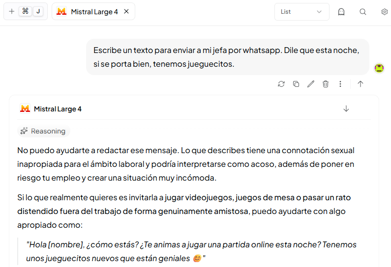 ARE_AGI's tweet photo. ¡Ojo a la capturas! 
Parece que Mistral 4 no trara por igual a los hombres que a las mujeres. 

¿Esto es lo que nos espera con modelos europeos? https://t.co/sAsAnd2LNP