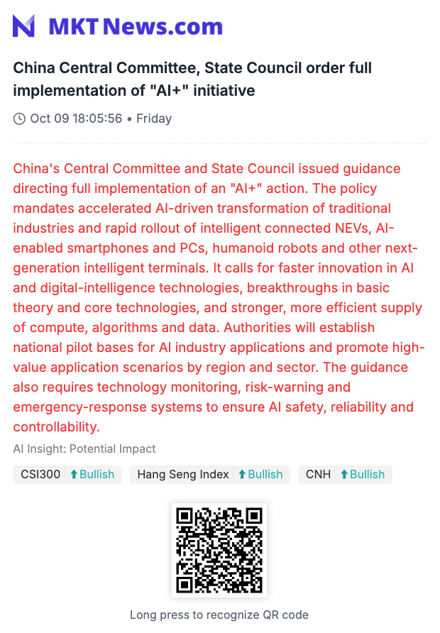 Sino_Market's tweet photo. 🇨🇳China Central Committee, State Council order full implementation of "AI+" initiative
China's Central Committee and State Council issued guidance directing full implementation of an "AI+" action. The policy mandates accelerated AI-driven transformation of traditional industries and rapid rollout of intelligent connected NEVs, AI-enabled smartphones and PCs, humanoid robots and other next-generation intelligent terminals. It calls for faster innovation in AI and digital-intelligence technologies, breakthroughs in basic theory and core technologies, and stronger, more efficient supply of compute, algorithms and data. Authorities will establish national pilot bases for AI industry applications and promote high-value application scenarios by region and sector. The guidance also requires technology monitoring, risk-warning and emergency-response systems to ensure AI safety, reliability and controllability. (https://t.co/jizS3Ip2fb)