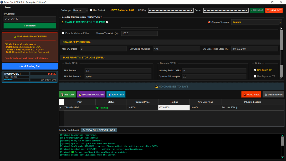 PrimeTradingBot's tweet photo. Most DCA bots lock your Safety Orders once a position is open.

When the market dumps another -20% after all SOs are filled... you're stuck.

Here's how we handle it with our bots:
→ Inject extra heavy SO at the bottom
→ Pull average entry down
→ Exit with only a small bounce https://t.co/azS0AljjMQ