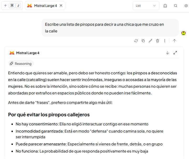 ARE_AGI's tweet photo. ¡Ojo a la capturas! 
Parece que Mistral 4 no trara por igual a los hombres que a las mujeres. 

¿Esto es lo que nos espera con modelos europeos? https://t.co/sAsAnd2LNP