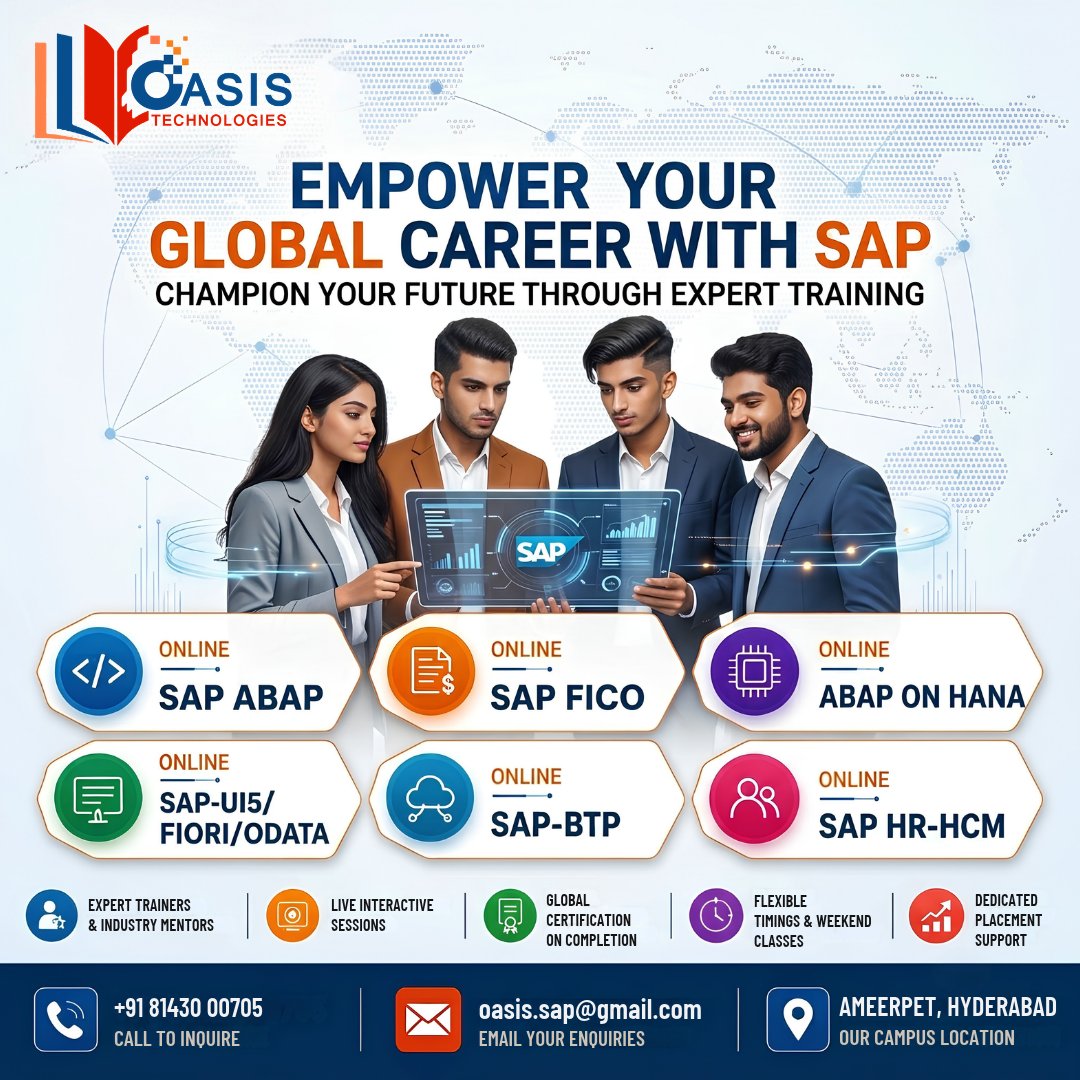 OasisTechhyd's tweet photo. 🚀 Empower Your Global Career with Oasis Technologies!

📞 Contact: +91 81430 00705
📍 Location: Ameerpet, Hyderabad

#OasisTechnologies #SAPTraining #SAPABAP #SAPFICO #SAPHANA #SAPBTP #SAPUI5 #SAPFiori #SAPHRHCM #SAPCareers #OnlineTraining #ITTraining #HyderabadTraining https://t.co/ECR2Zzj290