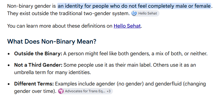 erlanishere's tweet photo. Non-binary: "tidak merasa sepenuhnya laki-laki dan perempuan, di luar pemahaman two-gender. Orang non-binary bisa merasa keduanya, campuran dari keduanya, atau tidak sama sekali".

Sifat yang begini mau dinisbatkan ke Allah? Semakin ditarik ke definisi asli malah makin aneh lu nyebut Allah sebagai non-binary. Menyebut Allah non-binary itu artinya memasukkan Allah sebagai bagian dari LGBT, udah termasuk penistaan ini, menyifati Allah di luar sifat-Nya.